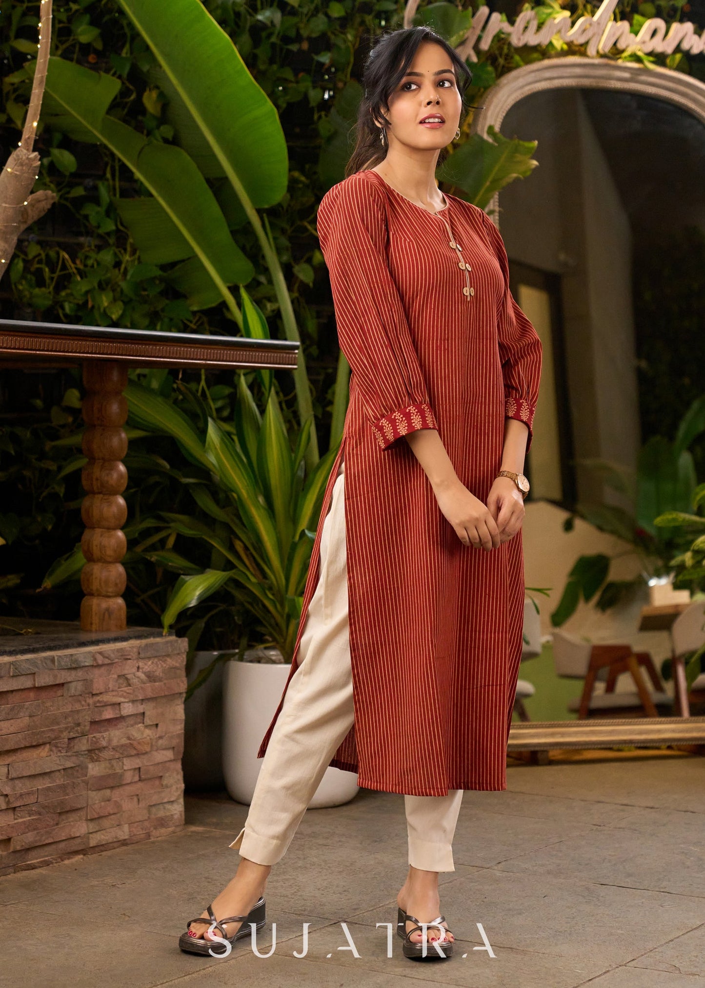 Maroon Stripes Cotton Kurta with Printed Back Yoke & Front Buttons - Pant Optional