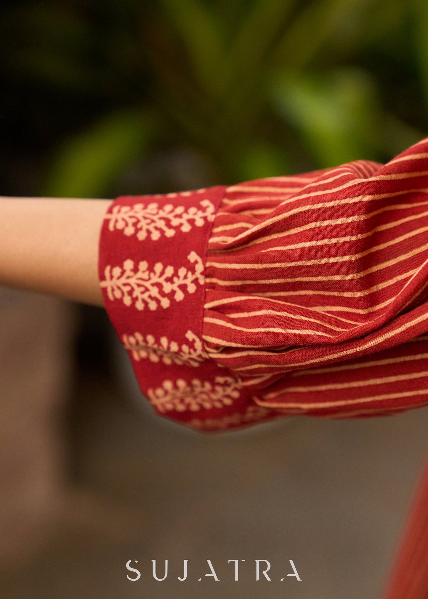 Maroon Stripes Cotton Kurta with Printed Back Yoke & Front Buttons - Pant Optional