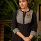 Quirky Black Cotton Kurta with Floral Painting on Checkered Yoke - Pant Optional