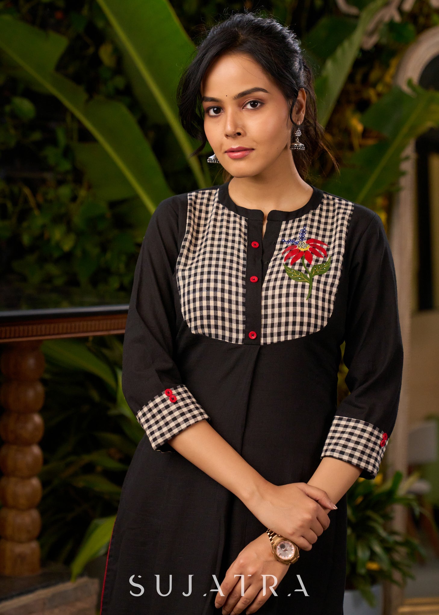 Quirky Black Cotton Kurta with Floral Painting on Checkered Yoke - Pant Optional