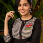 Quirky Black Cotton Kurta with Floral Painting on Checkered Yoke - Pant Optional