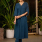 Teal Blue Cotton Kurta with Side Pockets & Hand Painting on Neckline & Pockets with Matching Pants - Stole Optional