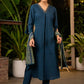 Teal Blue Cotton Kurta with Side Pockets & Hand Painting on Neckline & Pockets with Matching Pants - Stole Optional