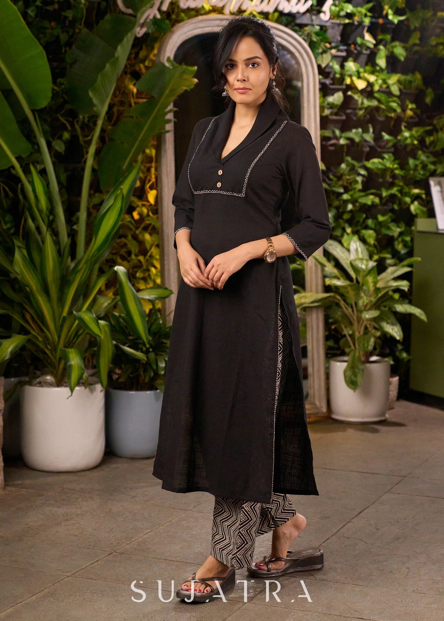 Black Cotton Kurta with Embroidery on The Yoke & Sleeves - Pant Optional