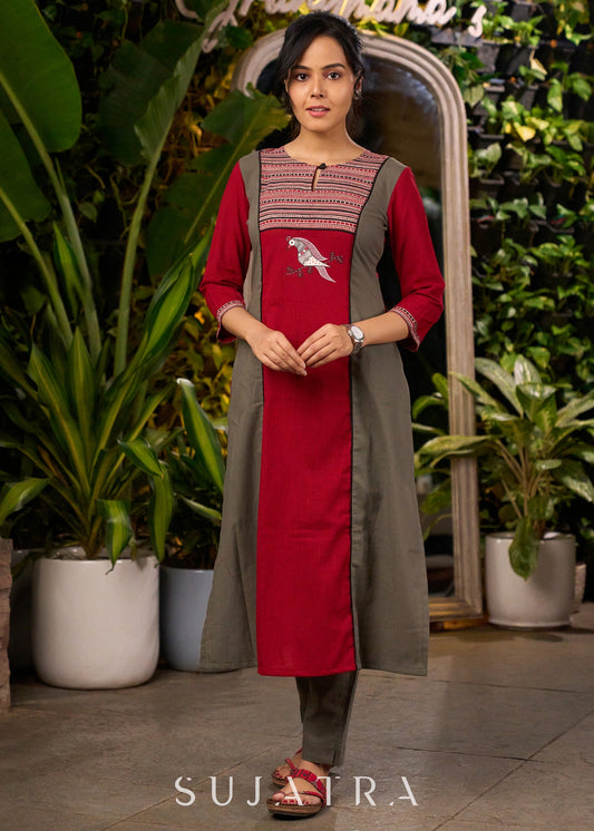 Stylish Maroon & Grey Princess Cut Kurta with Printed Yoke & Hand Painted Bird Motif in Front - Pant Optional