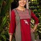 Stylish Maroon & Grey Princess Cut Kurta with Printed Yoke & Hand Painted Bird Motif in Front - Pant Optional