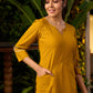 Mustard Yellow Cotton Kurta with Embroidery & Front Pockets with Contrasting Pant - Stole Optional