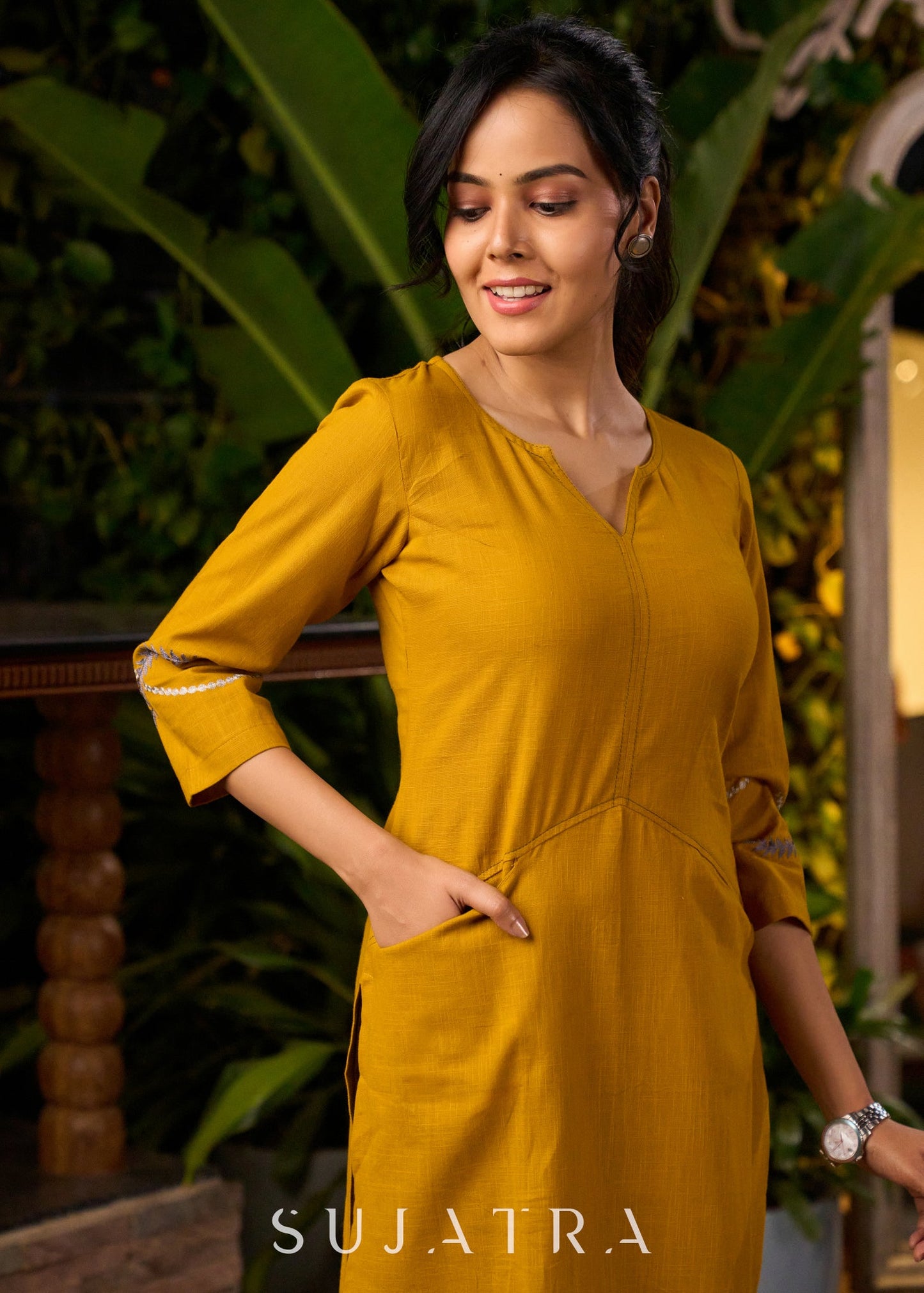 Mustard Yellow Cotton Kurta with Embroidery & Front Pockets with Contrasting Pant - Stole Optional