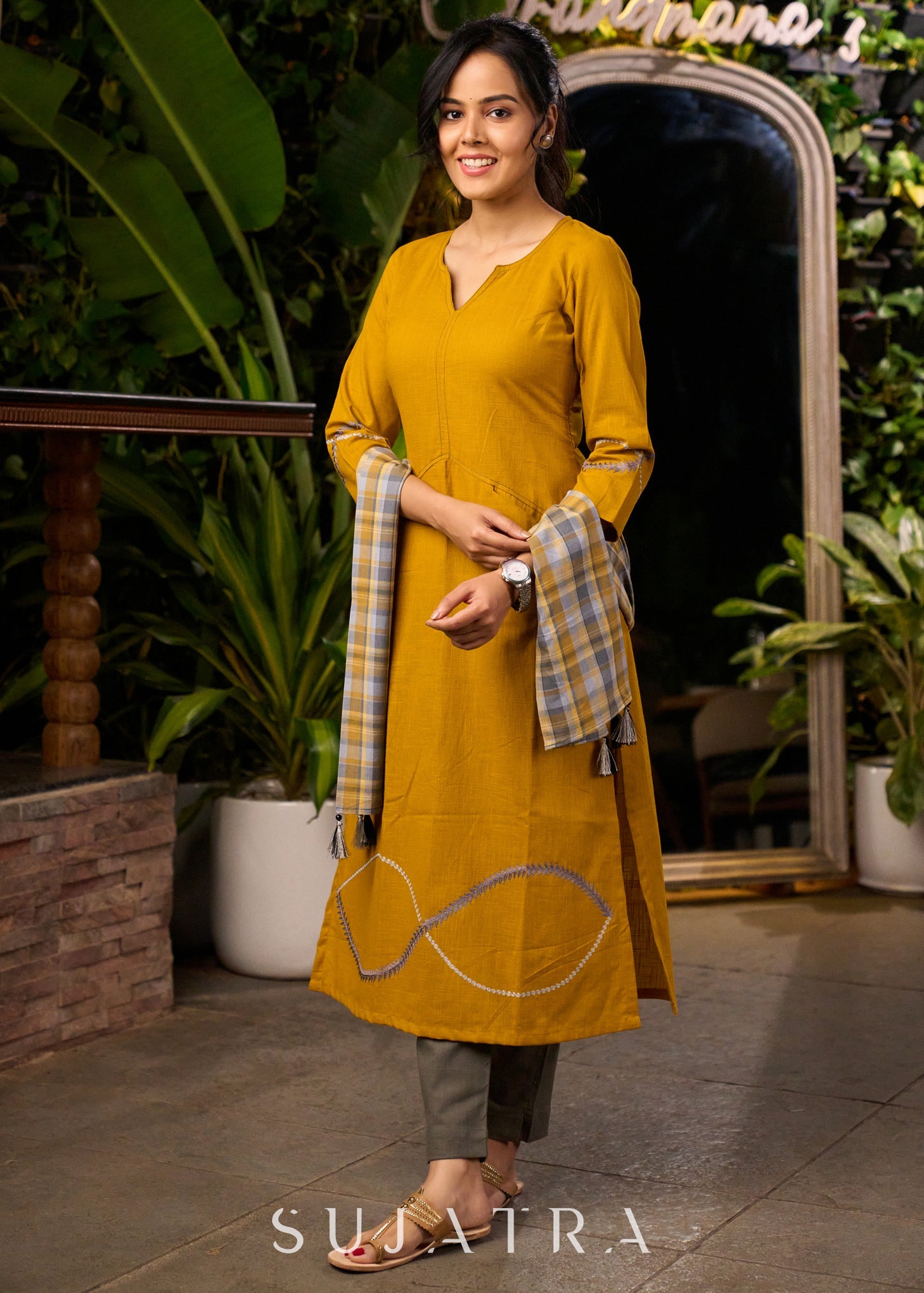 Mustard Yellow Cotton Kurta with Embroidery & Front Pockets with Contrasting Pant - Stole Optional