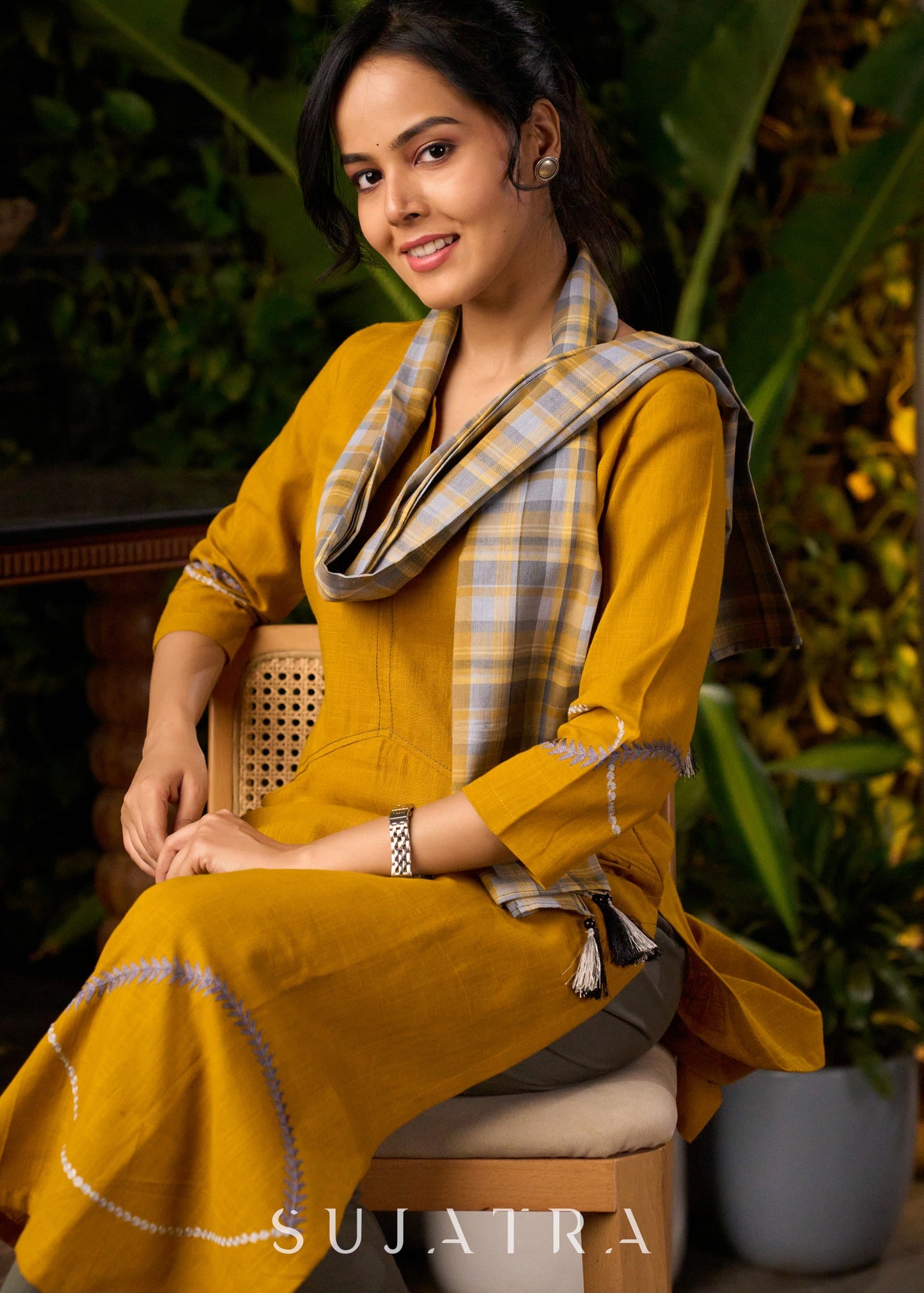 Mustard Yellow Cotton Kurta with Embroidery & Front Pockets with Contrasting Pant - Stole Optional