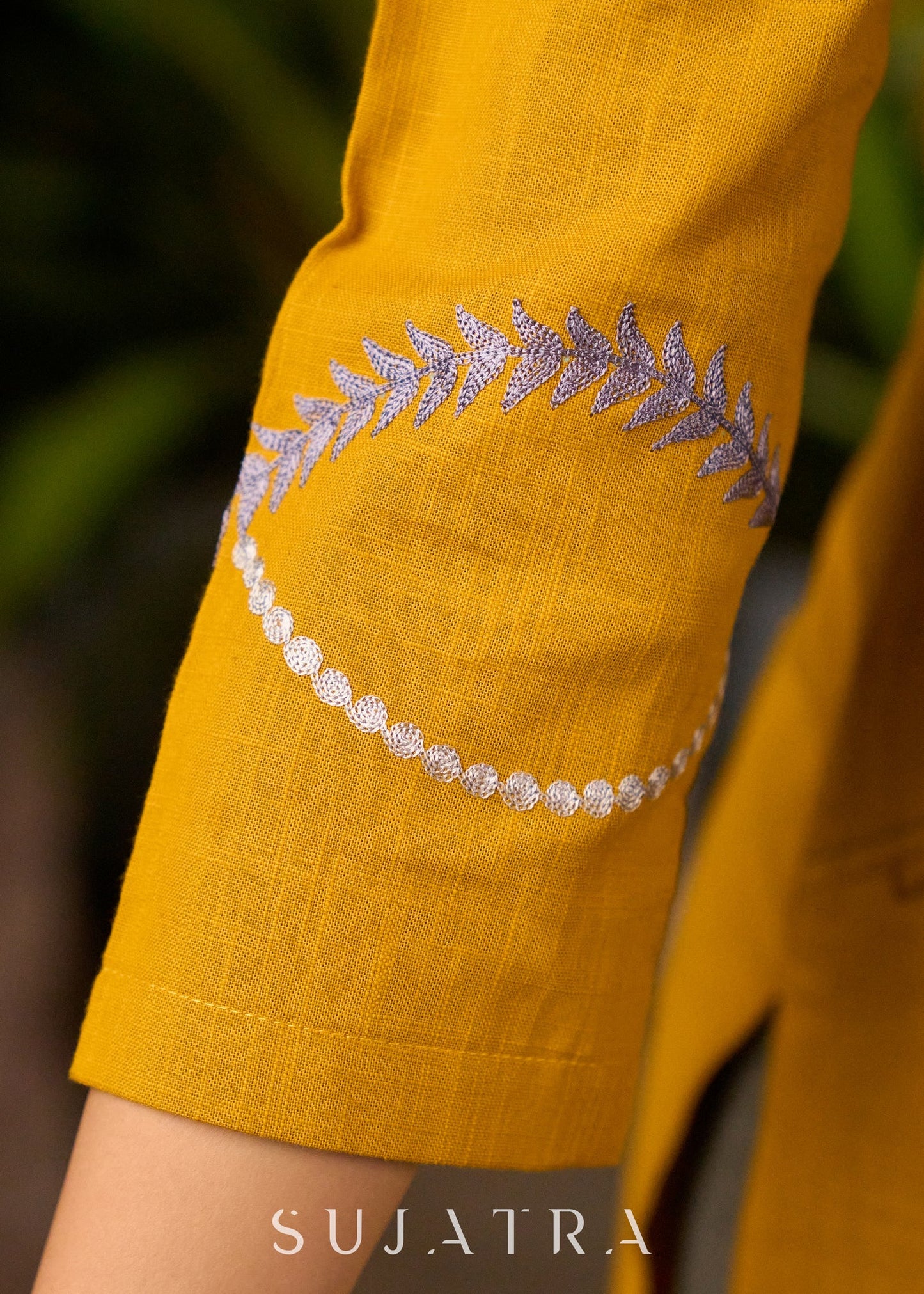 Mustard Yellow Cotton Kurta with Embroidery & Front Pockets with Contrasting Pant - Stole Optional