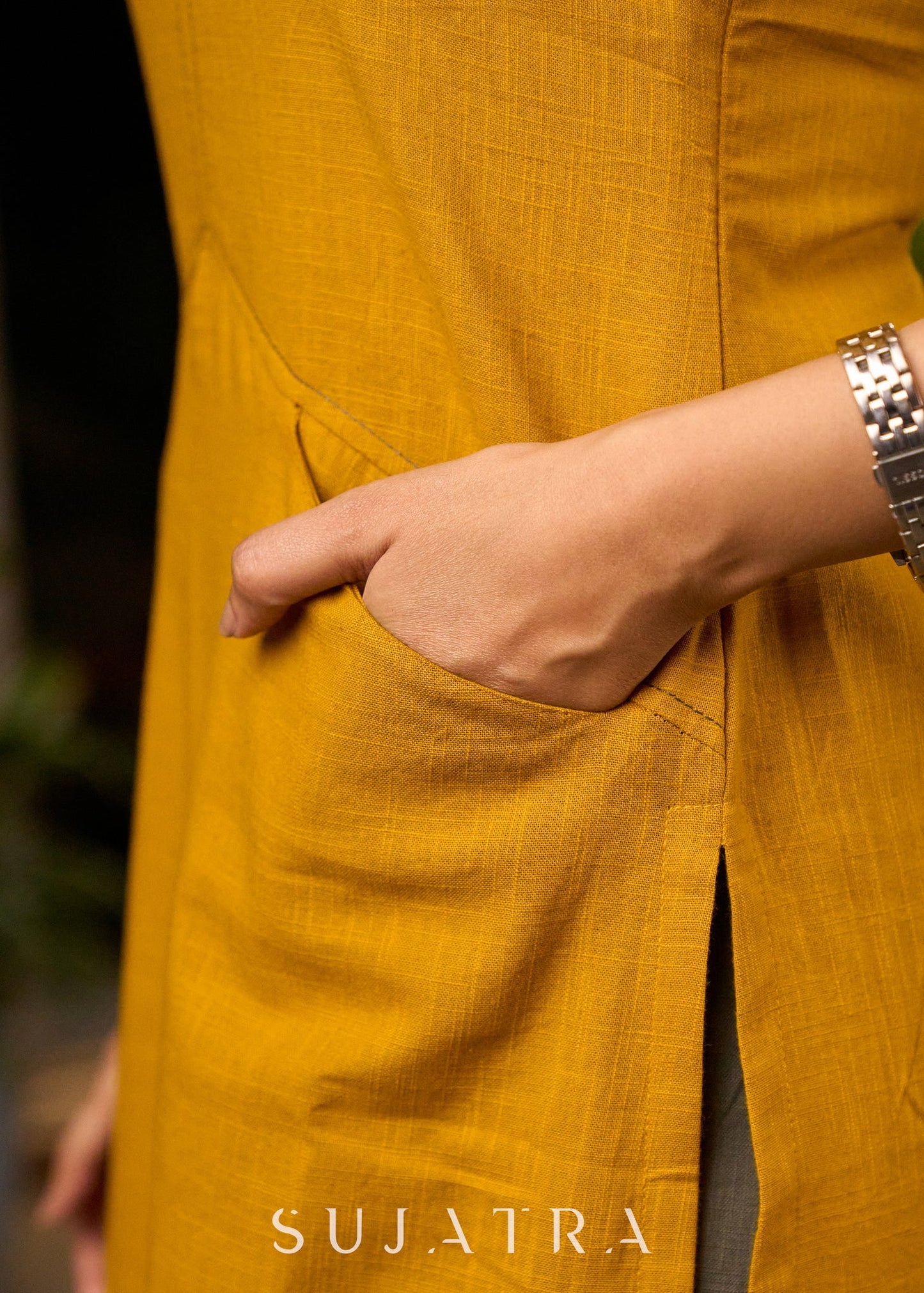 Mustard Yellow Cotton Kurta with Embroidery & Front Pockets with Contrasting Pant - Stole Optional