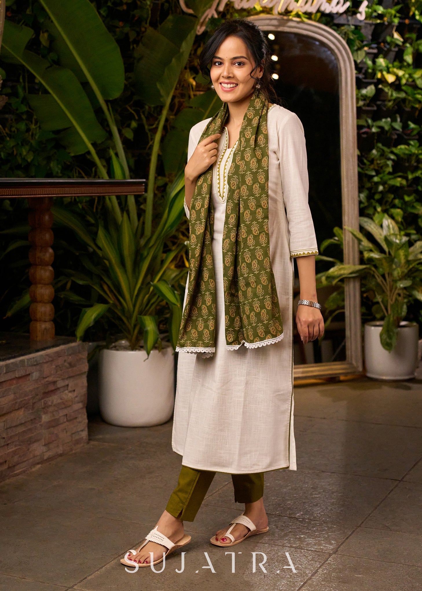 Elegant White Kurta with Embroidery on The Neckline with Contrasting Pant - Stole Optional