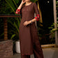 Dark Brown Cotton Kurta with Thread Work Embroidery & Statement Buttons - Pant Optional