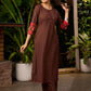 Dark Brown Cotton Kurta with Thread Work Embroidery & Statement Buttons - Pant Optional