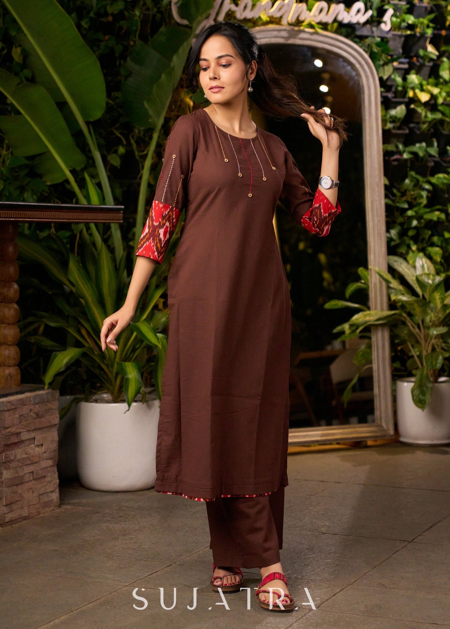 Dark Brown Cotton Kurta with Thread Work Embroidery & Statement Buttons - Pant Optional