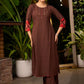 Dark Brown Cotton Kurta with Thread Work Embroidery & Statement Buttons - Pant Optional