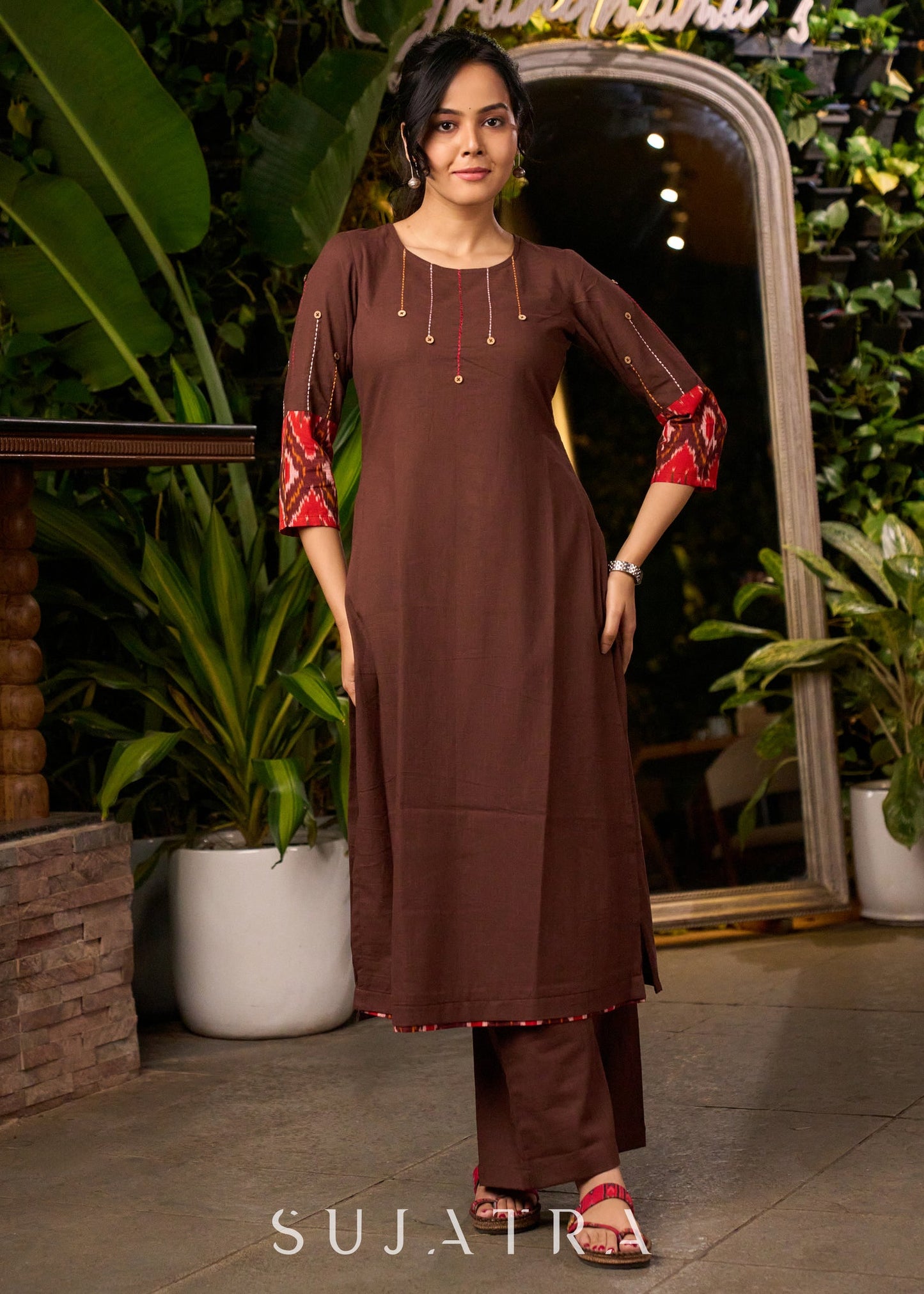 Dark Brown Cotton Kurta with Thread Work Embroidery & Statement Buttons - Pant Optional