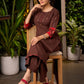 Dark Brown Cotton Kurta with Thread Work Embroidery & Statement Buttons - Pant Optional