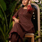 Dark Brown Cotton Kurta with Thread Work Embroidery & Statement Buttons - Pant Optional