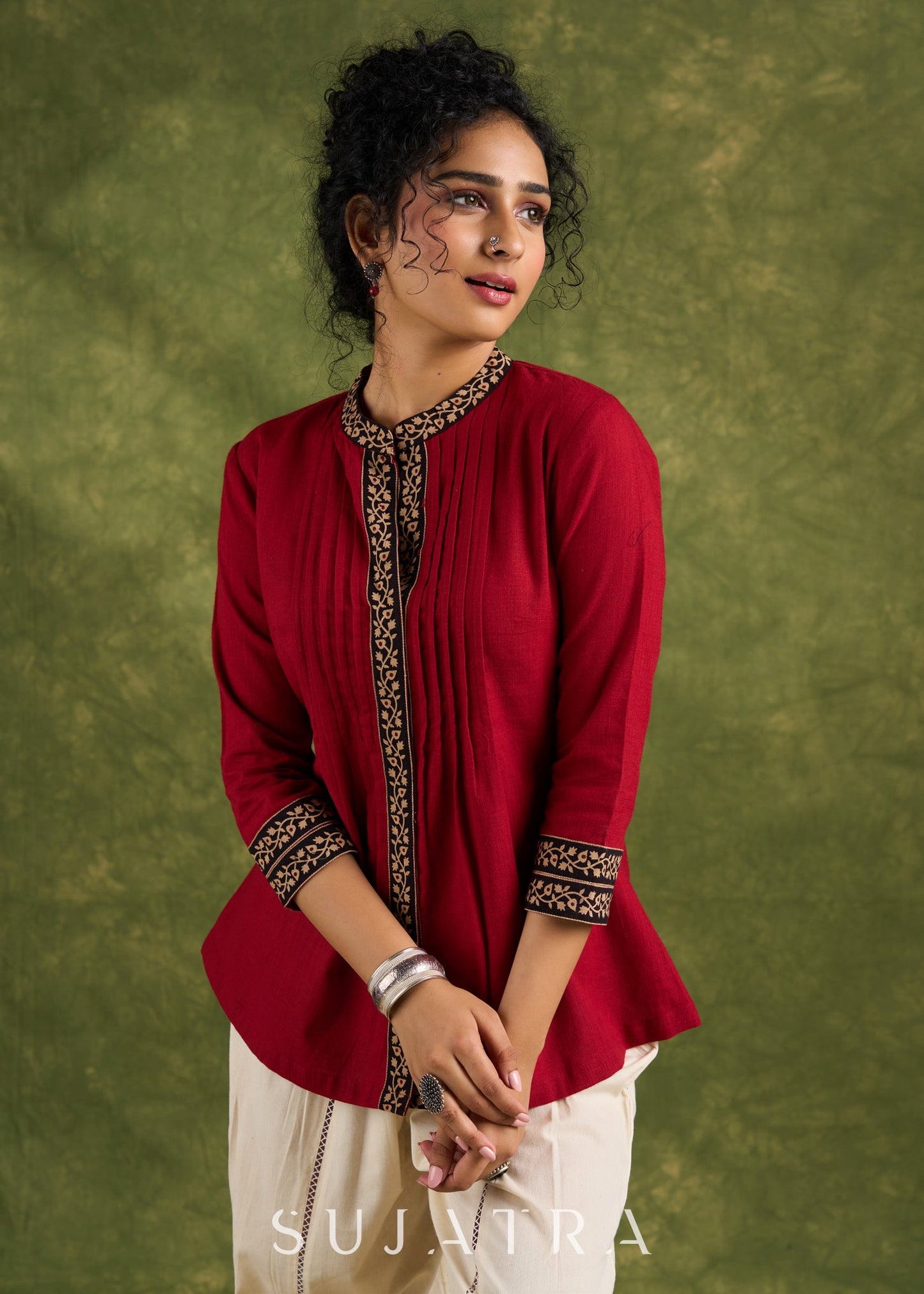 Elegant Maroon Cotton Ajrakh Pleated Top - Pant Optional