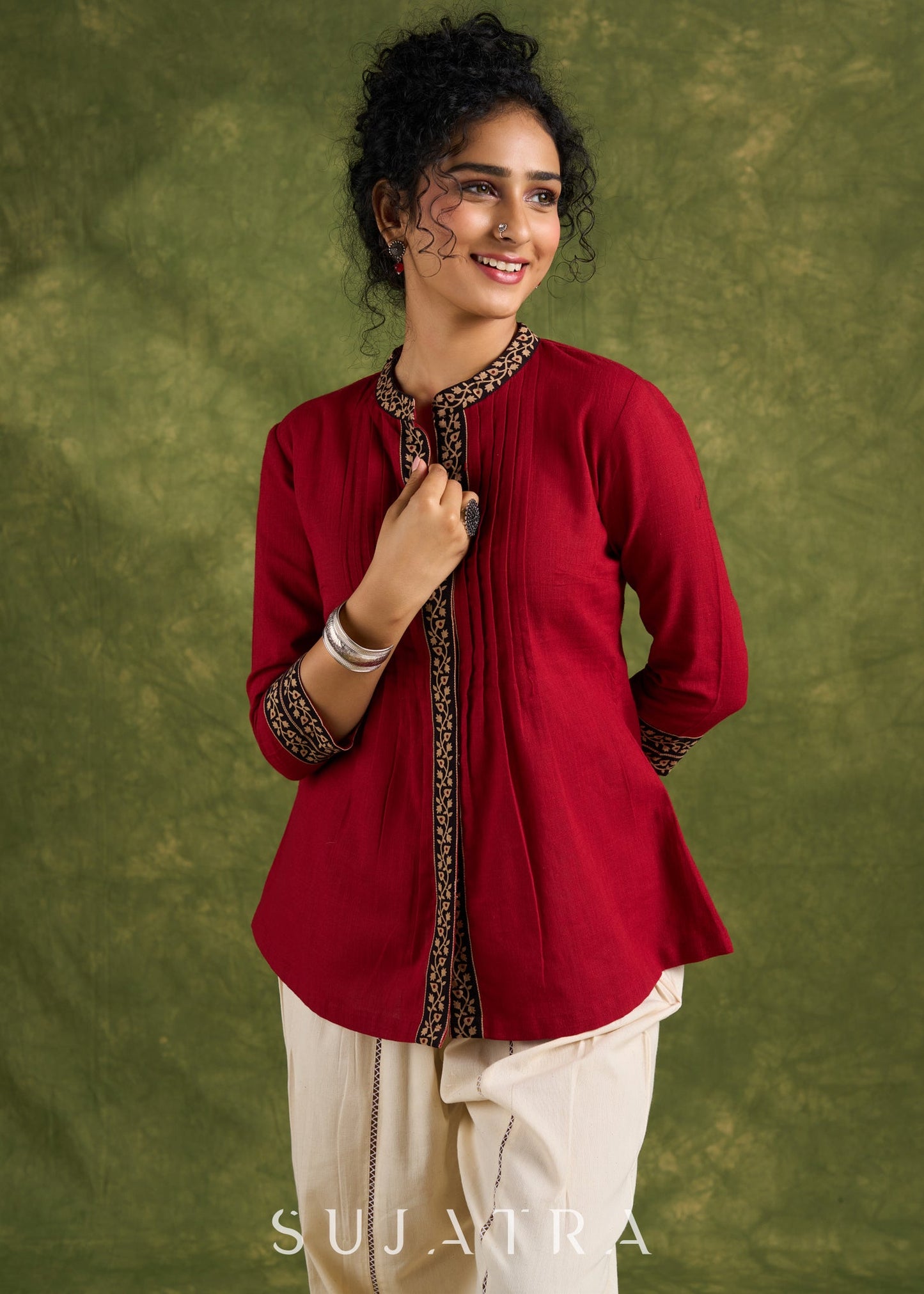 Elegant Maroon Cotton Ajrakh Pleated Top - Pant Optional