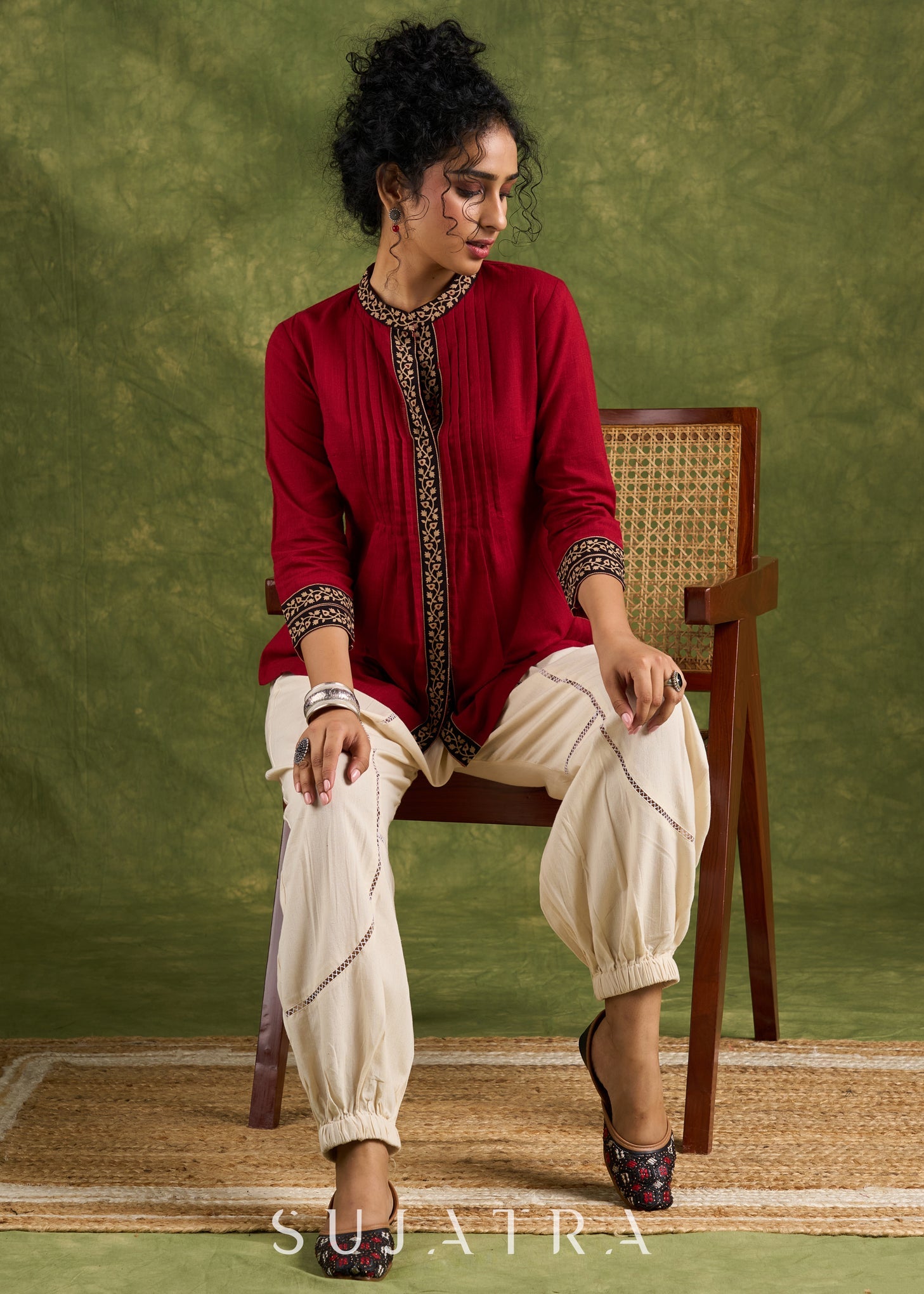 Elegant Maroon Cotton Ajrakh Pleated Top - Pant Optional