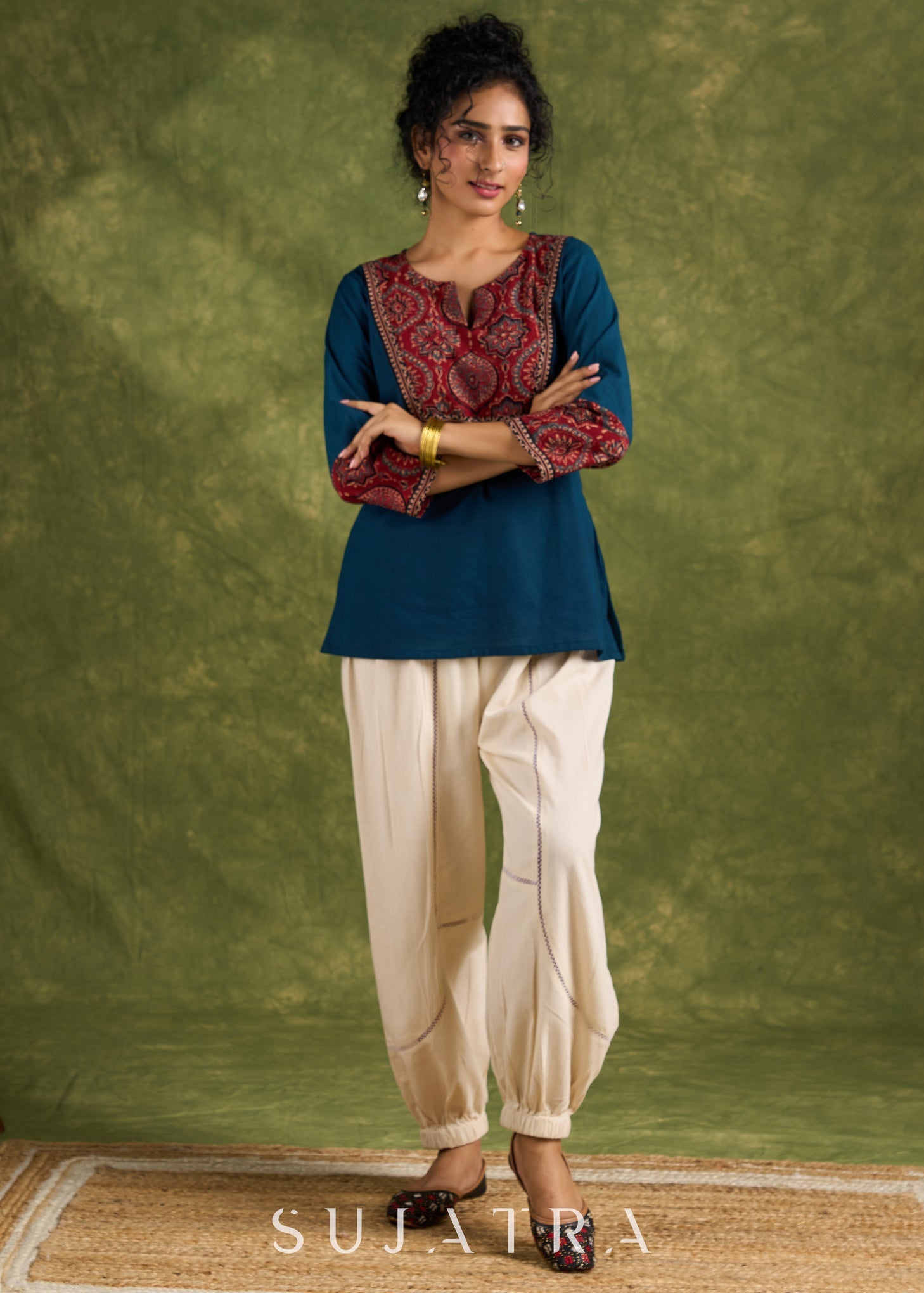 Trendy Teal Cotton Ajrakh Combination Top - Pant Optional