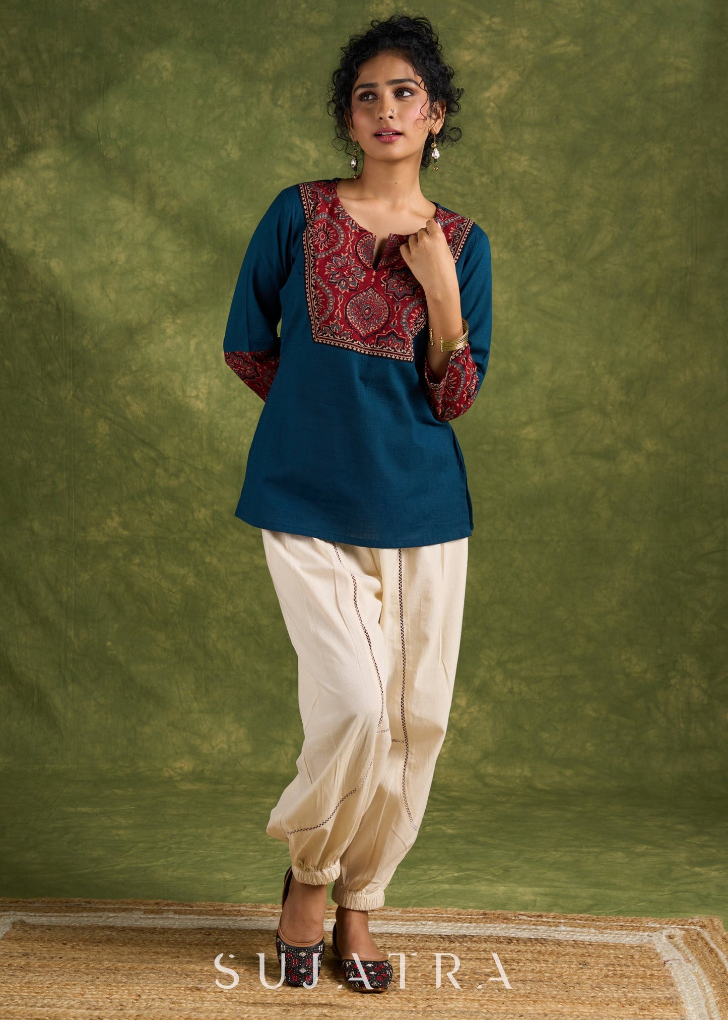 Trendy Teal Cotton Ajrakh Combination Top - Pant Optional