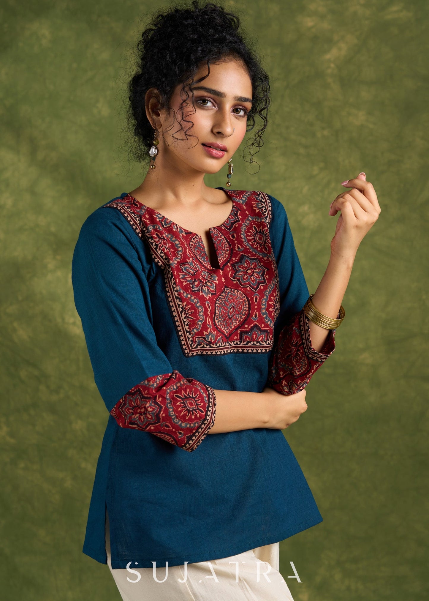 Trendy Teal Cotton Ajrakh Combination Top - Pant Optional