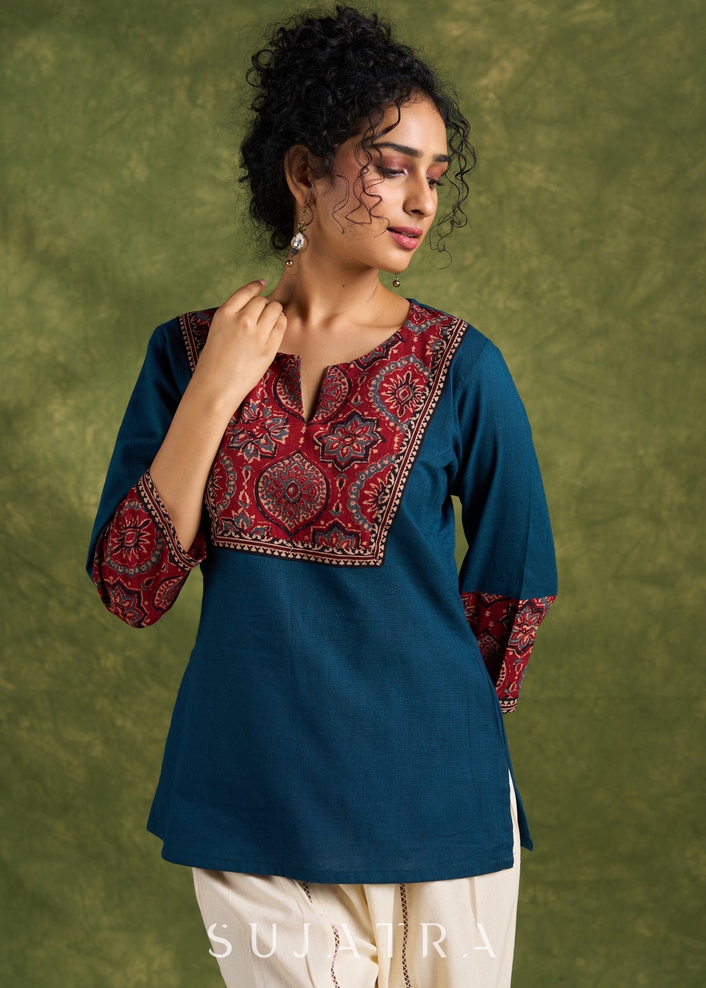 Trendy Teal Cotton Ajrakh Combination Top - Pant Optional