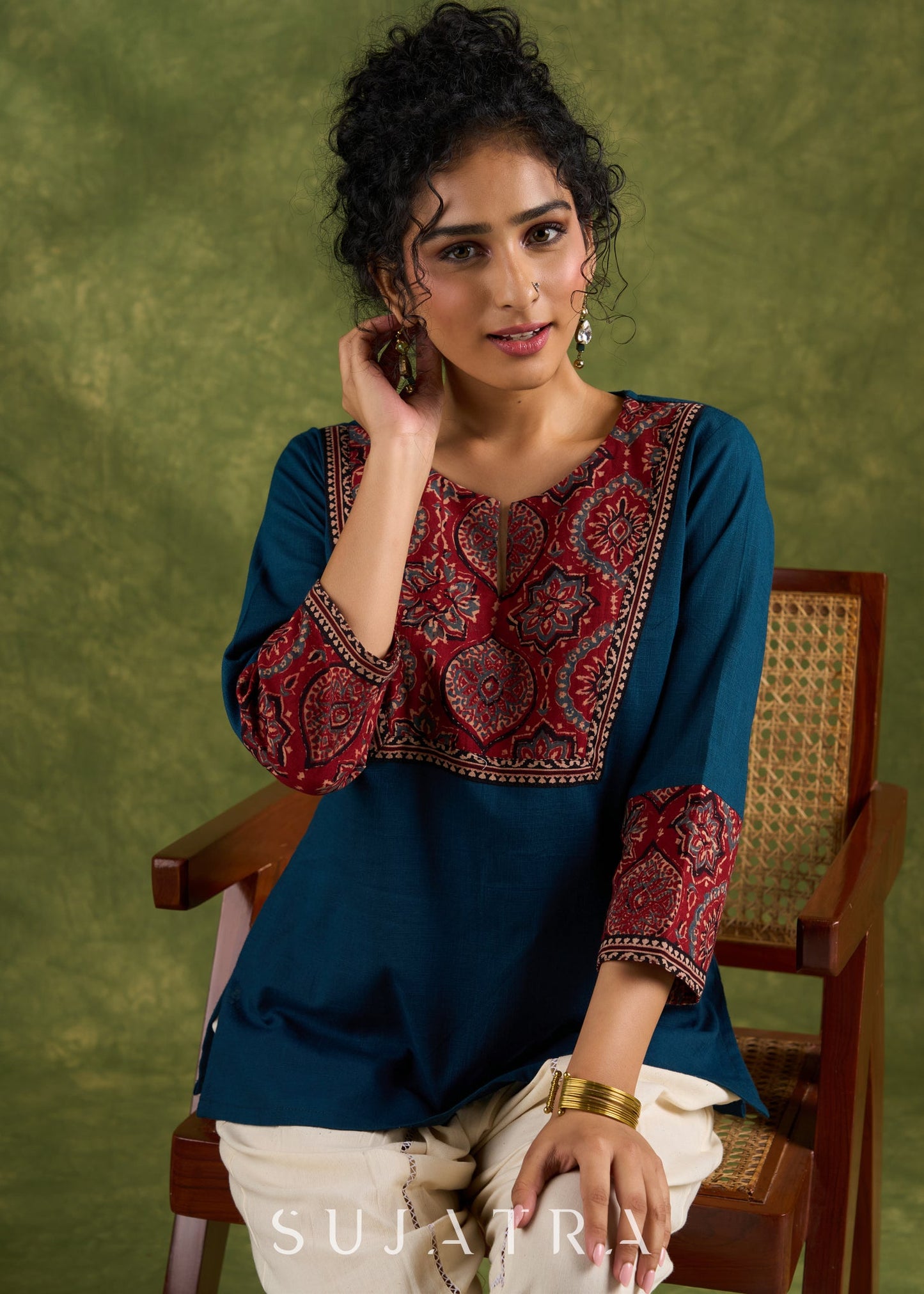 Trendy Teal Cotton Ajrakh Combination Top - Pant Optional