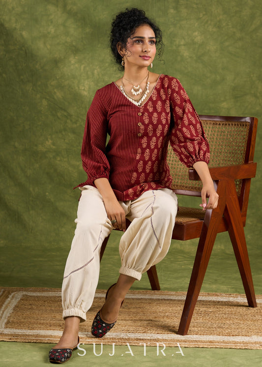 Elegant Maroon Cotton Ajrak Combination Top - Pant Optional