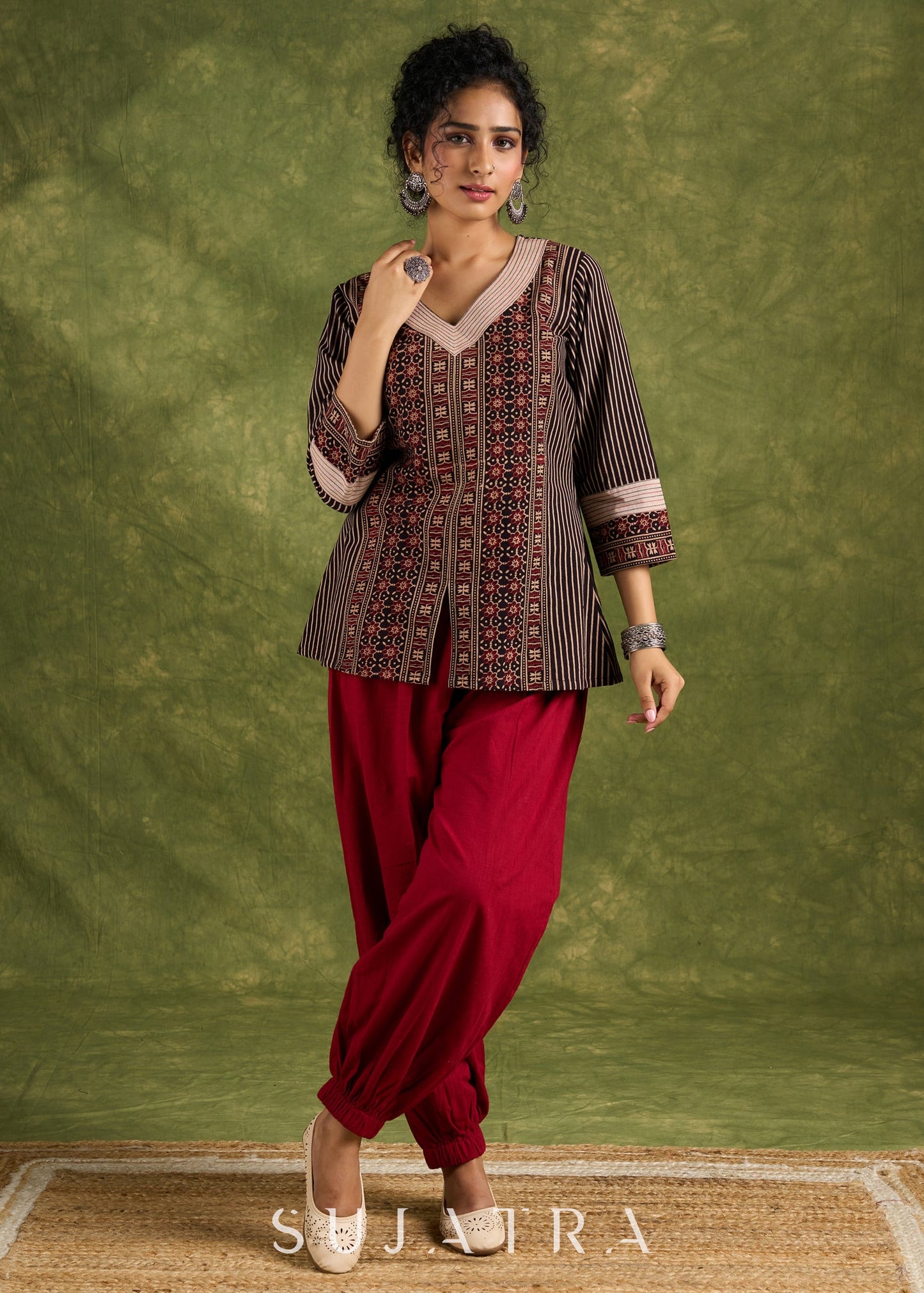 Beautiful Black Ajrakh Cotton Combination Top - Pant Optional