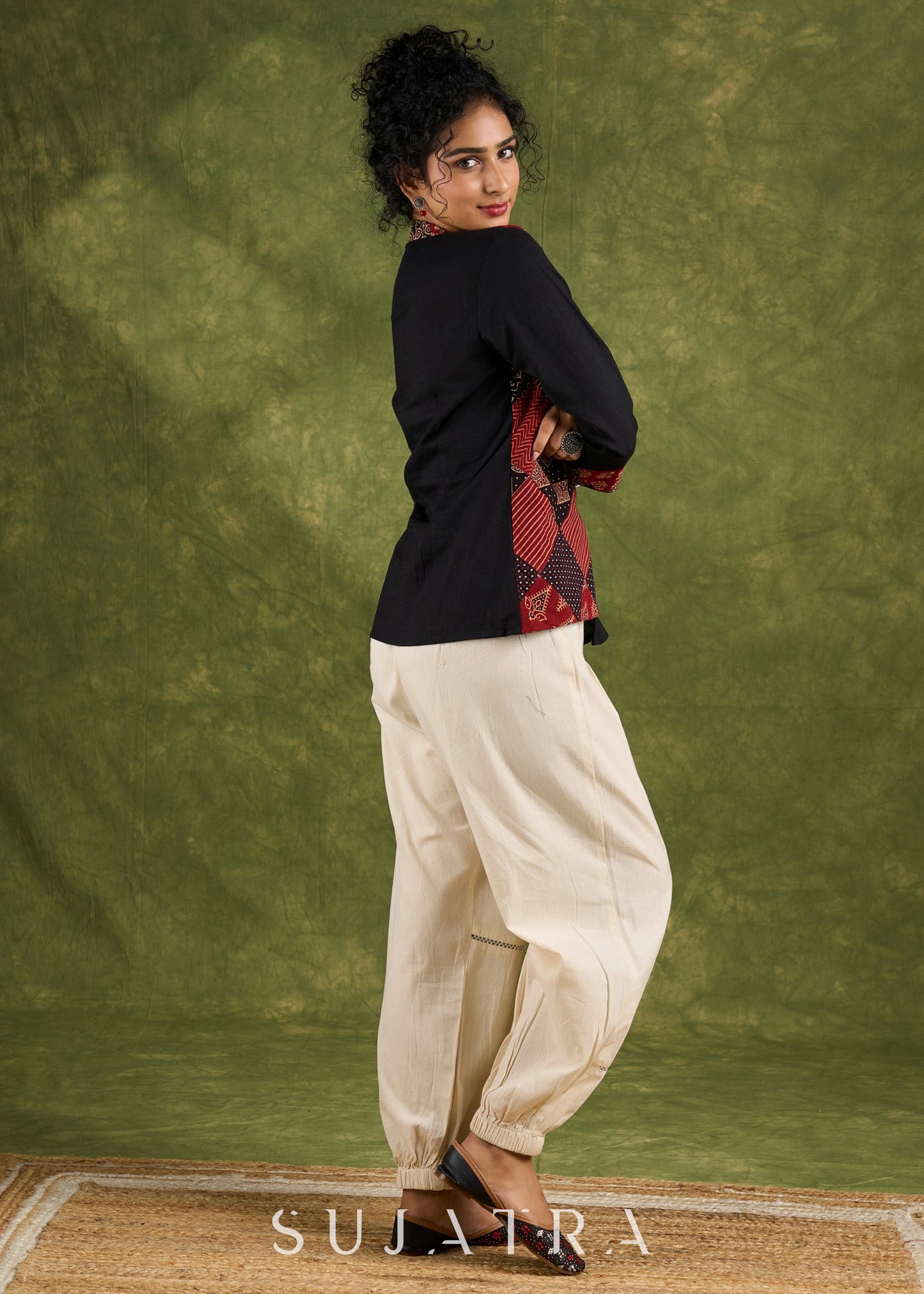 Trendy Black Ajrakh Patch Work Cotton Top - Pant Optional