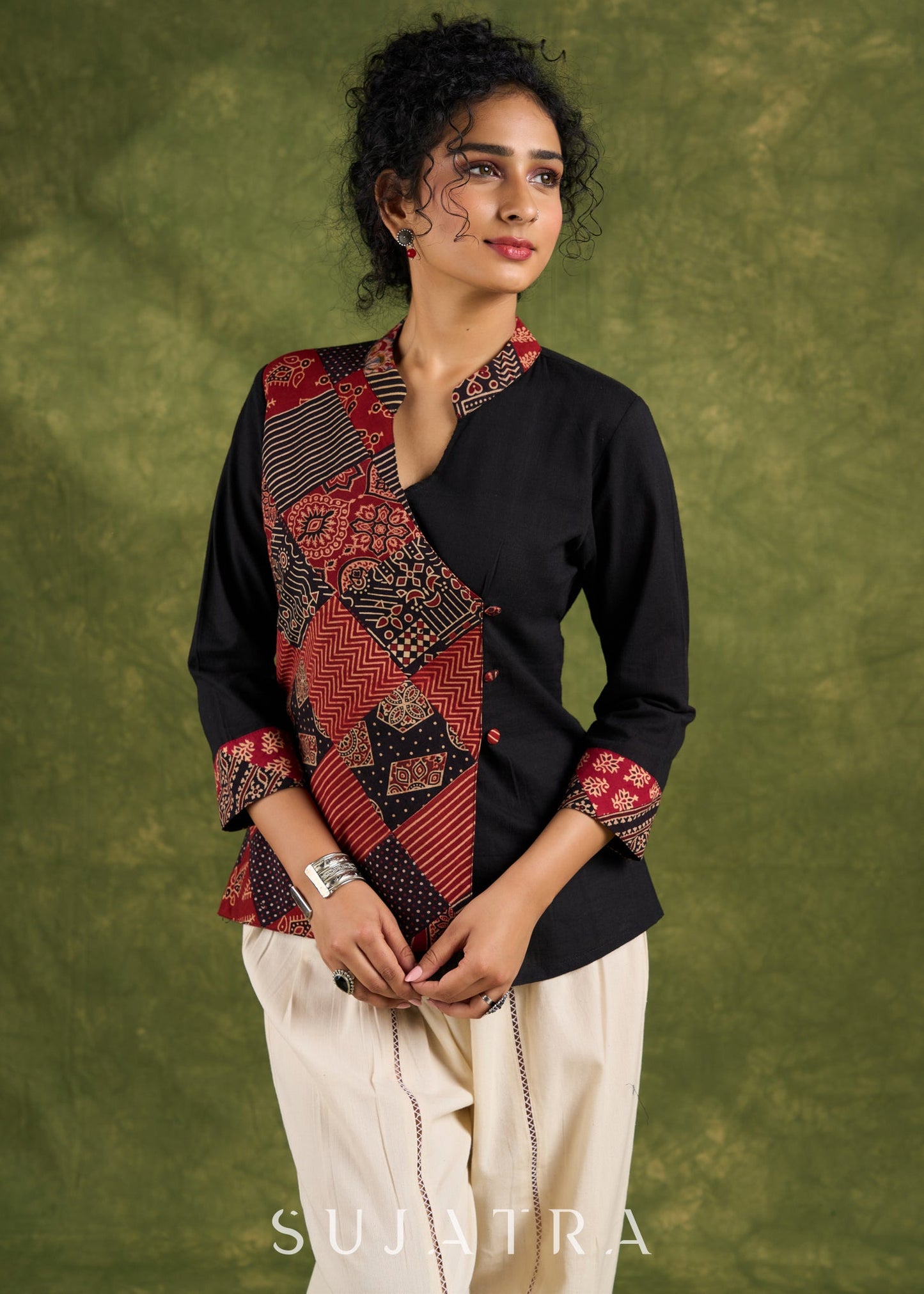 Trendy Black Ajrakh Patch Work Cotton Top - Pant Optional