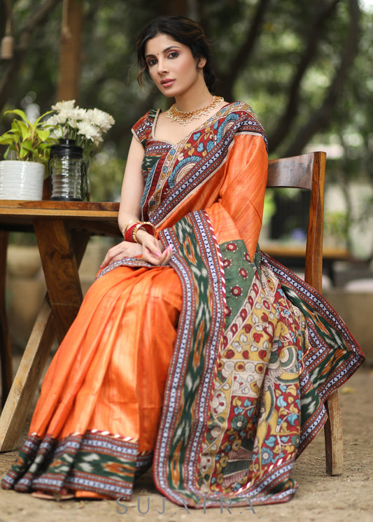 Designer Orange Pure Ghicha Silk Saree with Kalamkari Pallu & Ikat Border