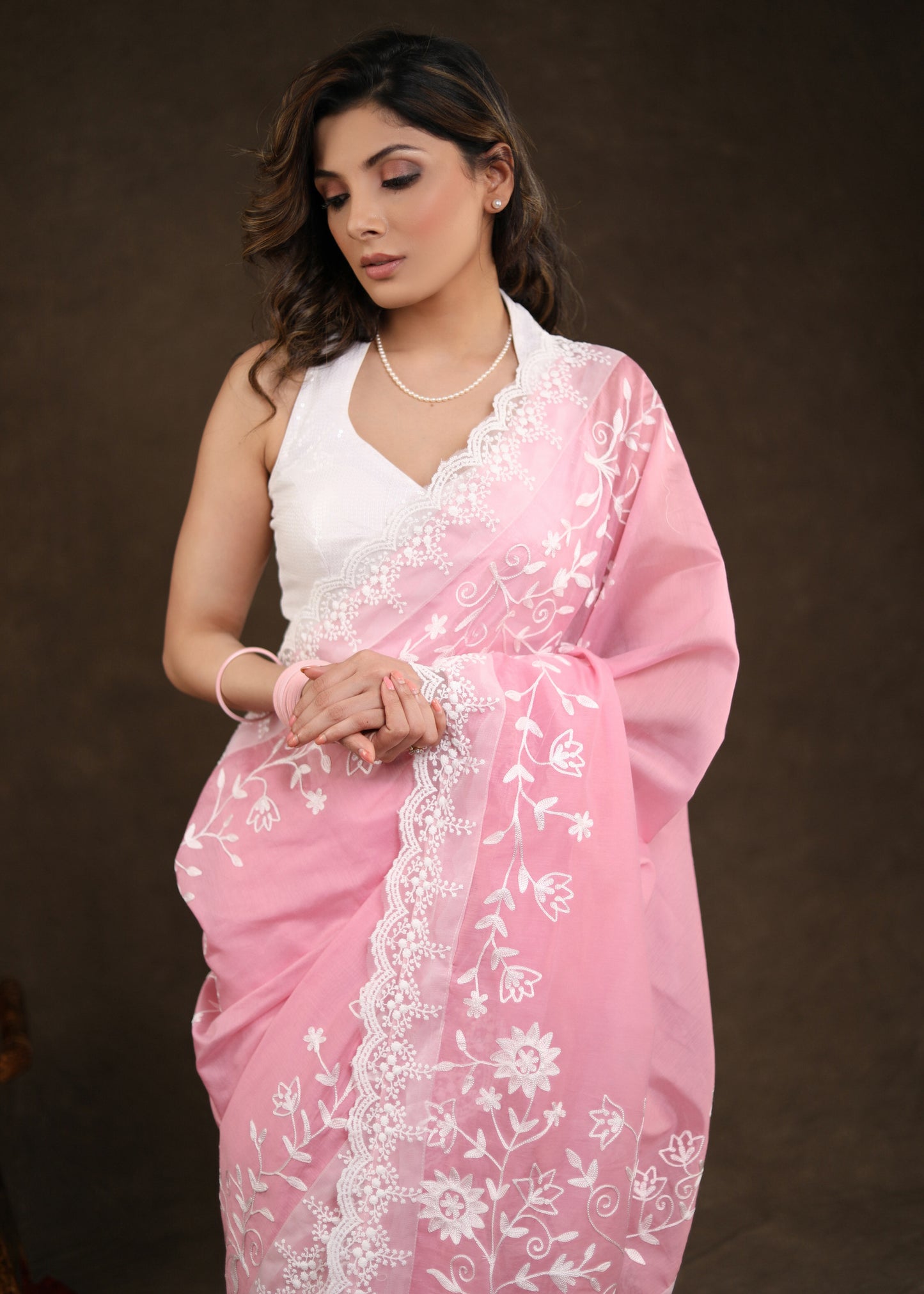 Gorgeous Blush Pink Chanderi Saree with Beautiful White Embroidery