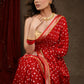 Radiant Red Bandhej Saree with Delicate Gold And Banarasi Detailing