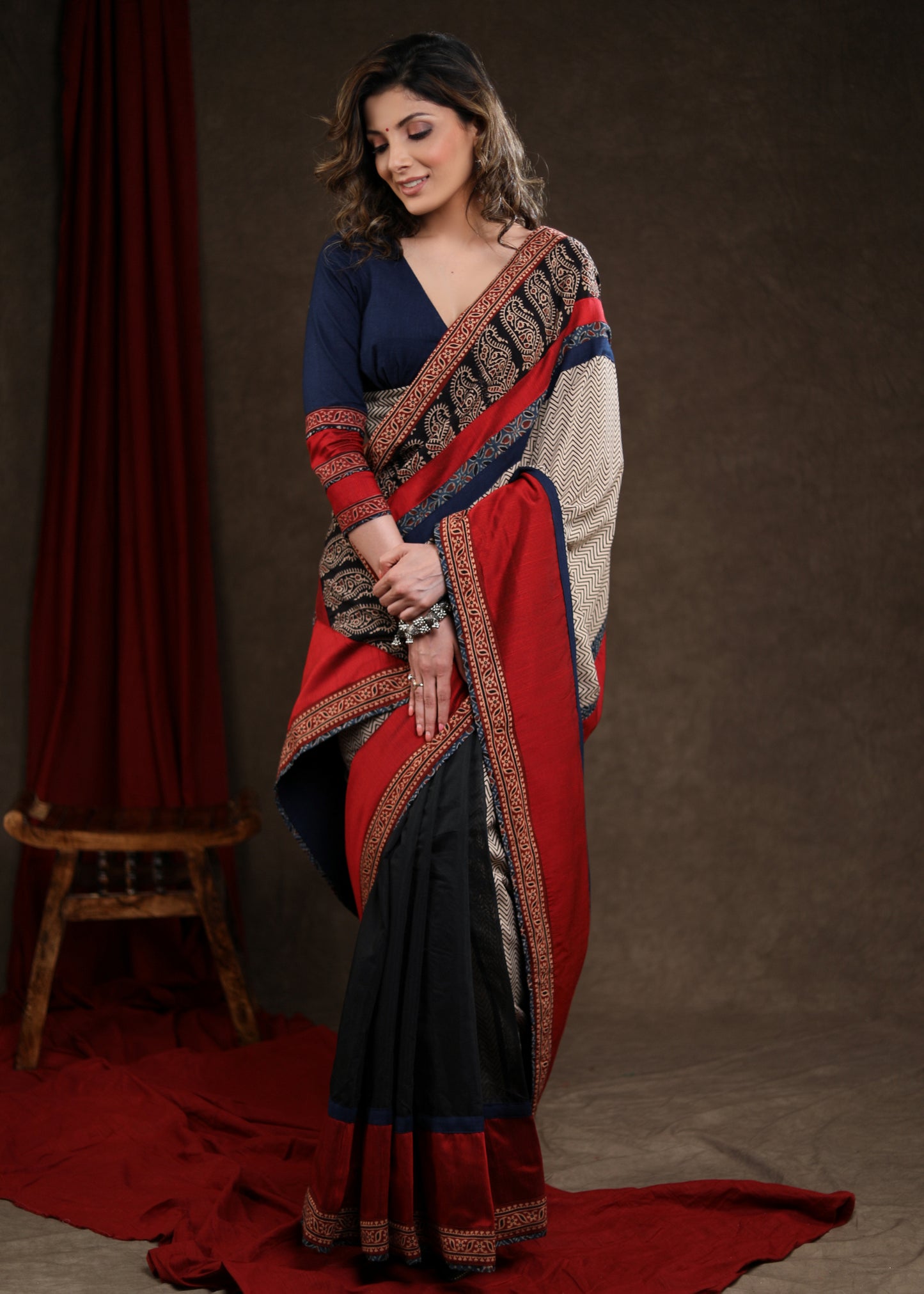 Designer Red & Black Cotton Silk Saree with Ajrakh Combination