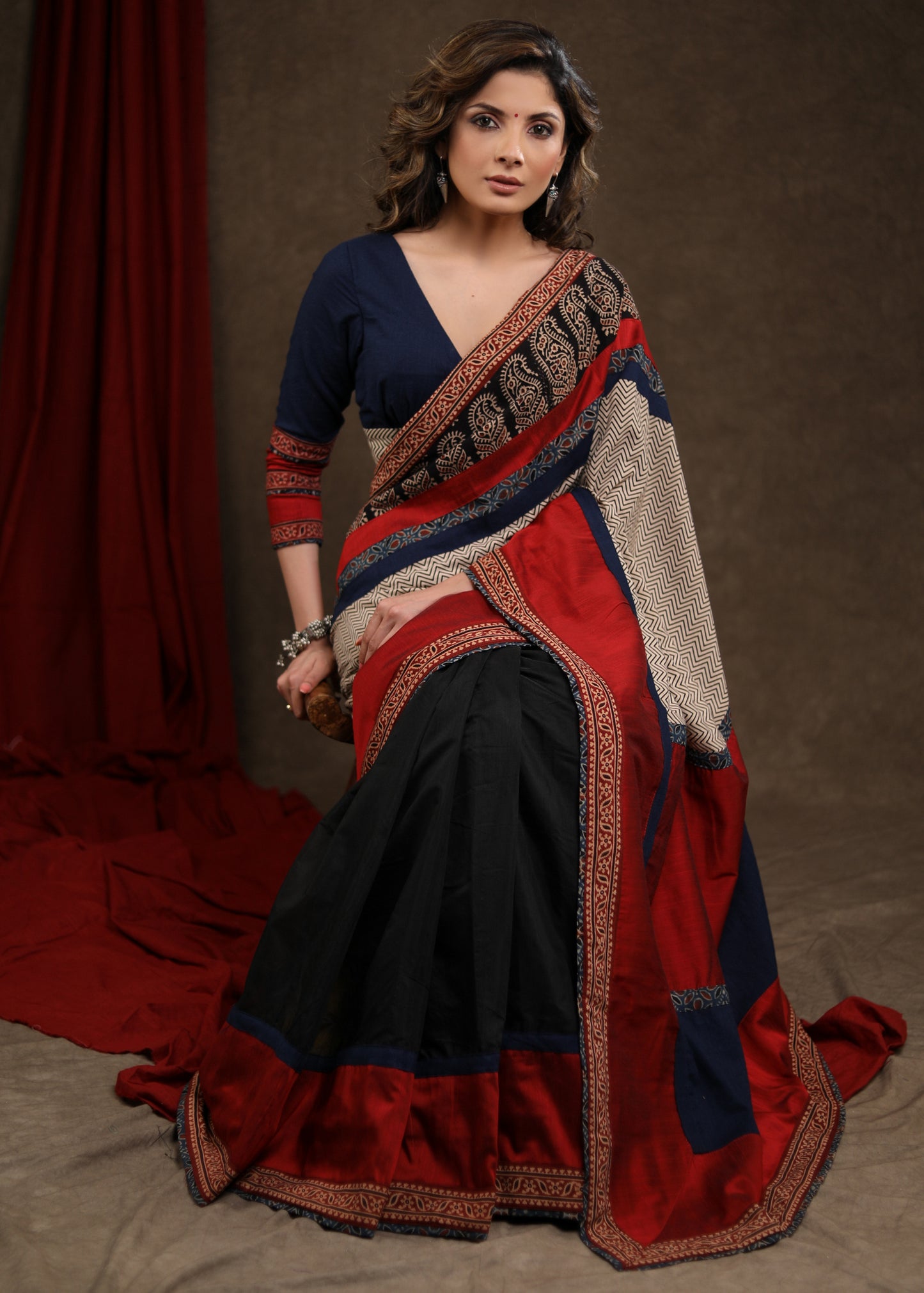 Designer Red & Black Cotton Silk Saree with Ajrakh Combination