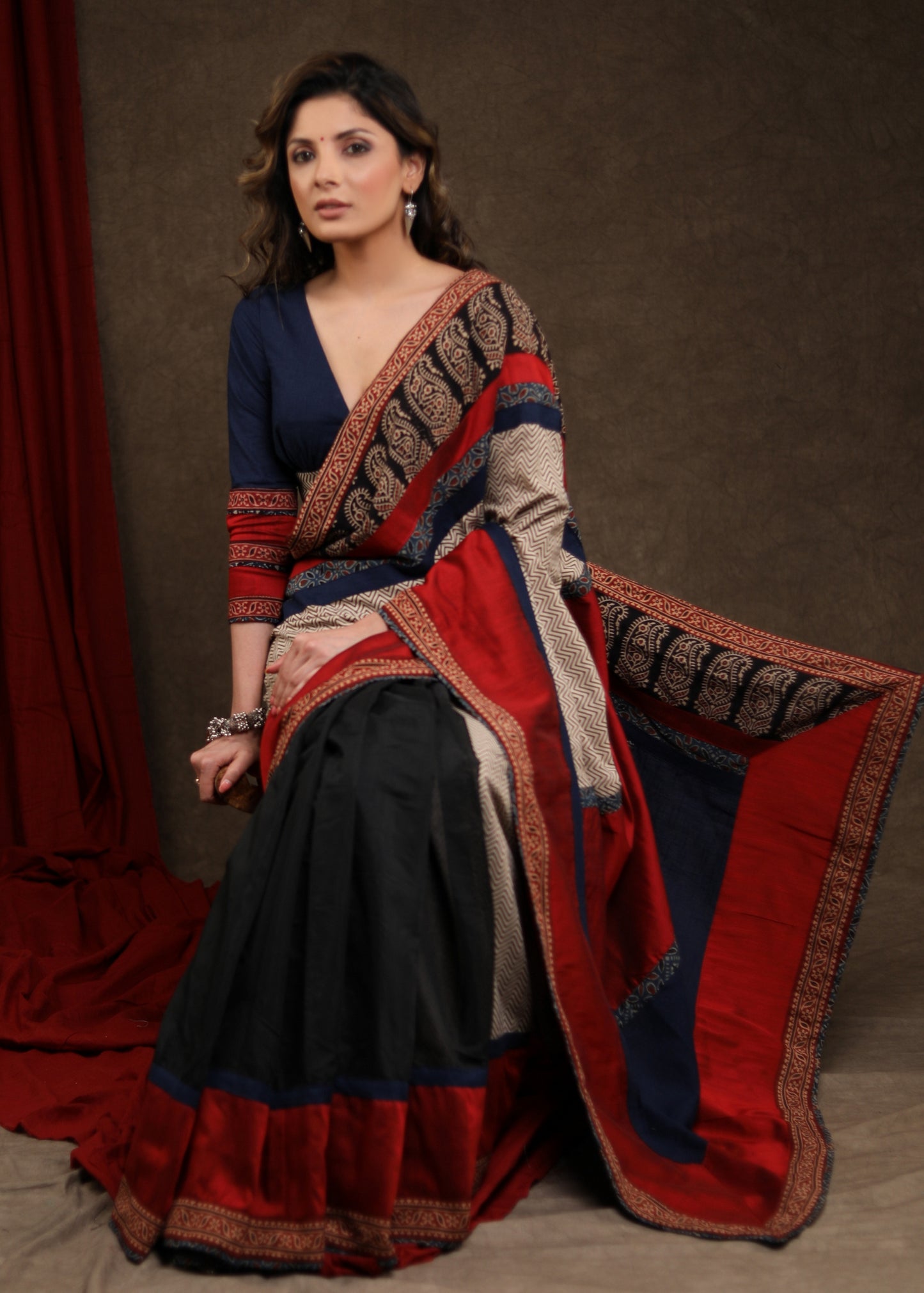 Designer Red & Black Cotton Silk Saree with Ajrakh Combination