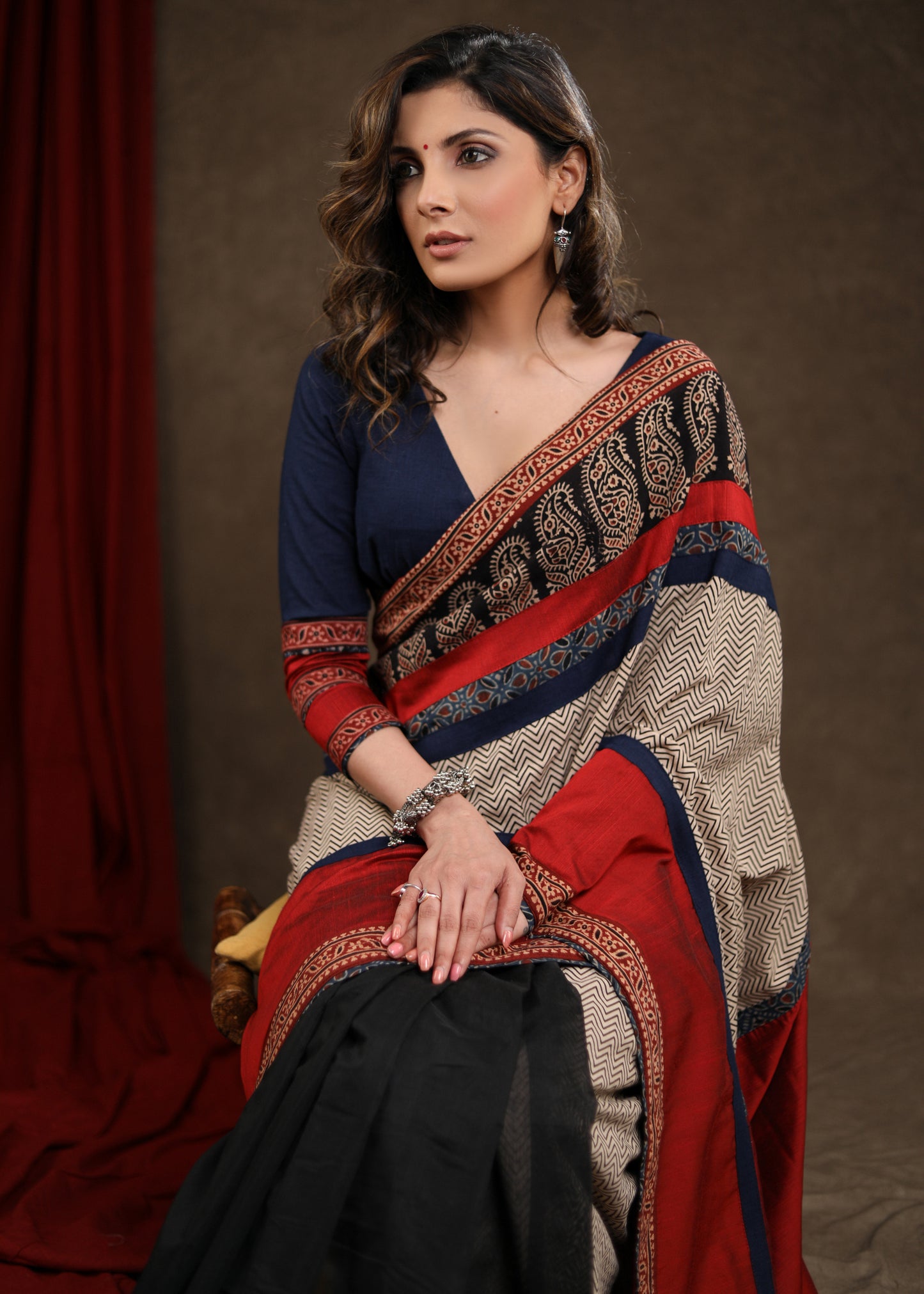 Designer Red & Black Cotton Silk Saree with Ajrakh Combination