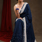 Elegant Ocean Blue Rayon Saree Highlighted with Moti Work & Beautiful Lace Detailing