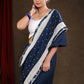 Elegant Ocean Blue Rayon Saree Highlighted with Moti Work & Beautiful Lace Detailing