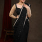 Classy Black Rayon Saree Adorned with Delicate Gold Hand Embroidery & Lace