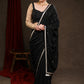 Classy Black Rayon Saree Adorned with Delicate Gold Hand Embroidery & Lace