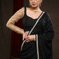 Classy Black Rayon Saree Adorned with Delicate Gold Hand Embroidery & Lace