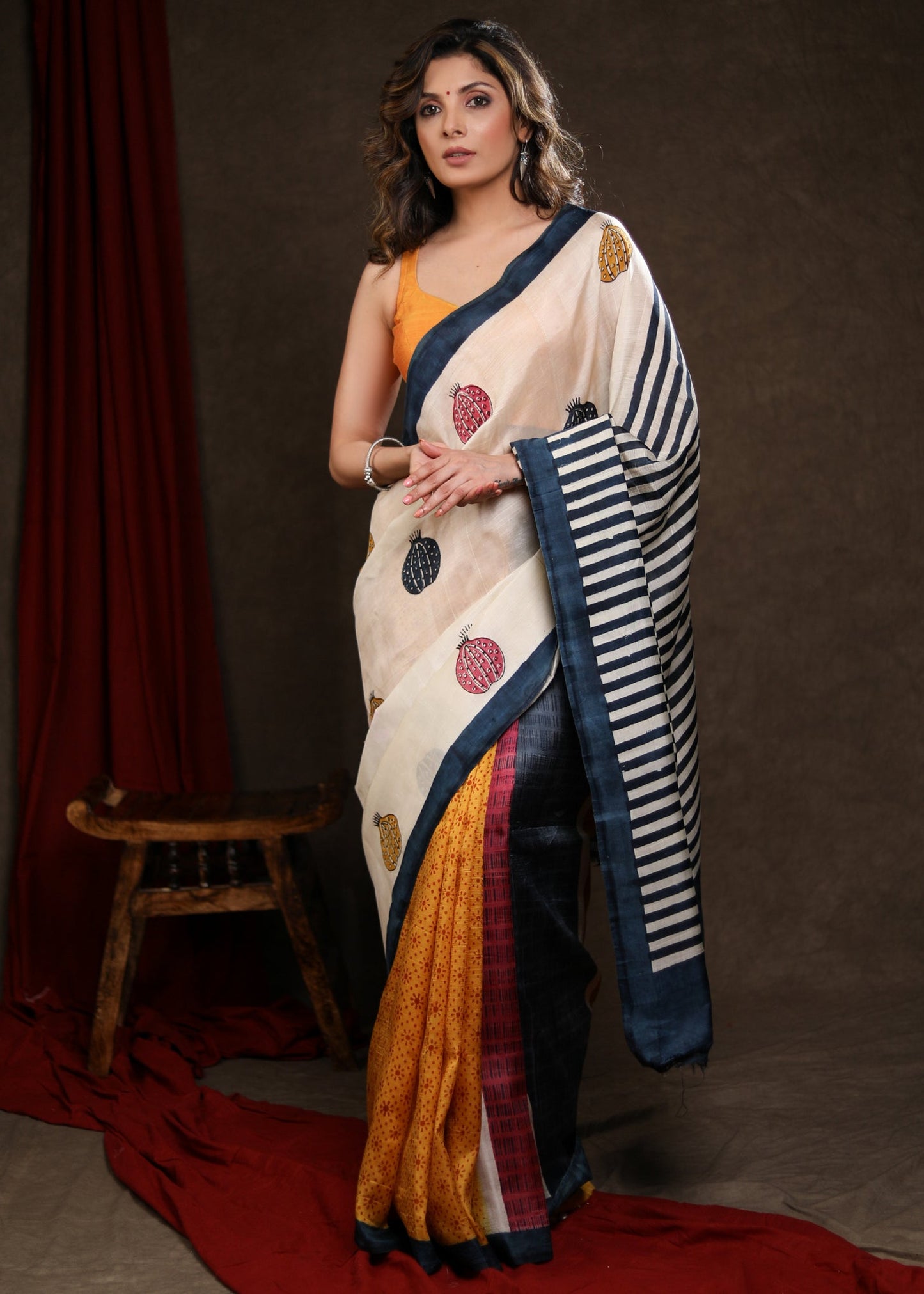 Bold Multicolor Block Print Pure Silk Saree