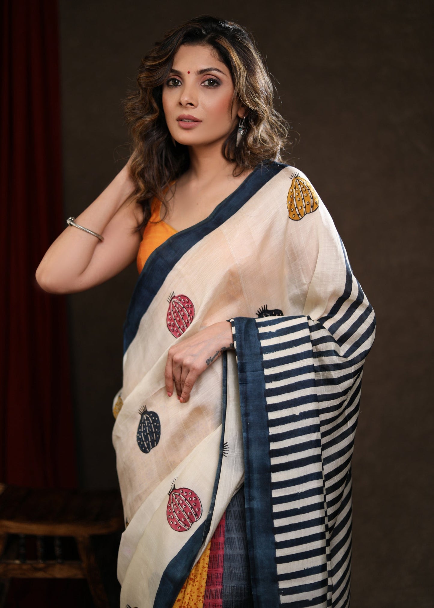 Bold Multicolor Block Print Pure Silk Saree